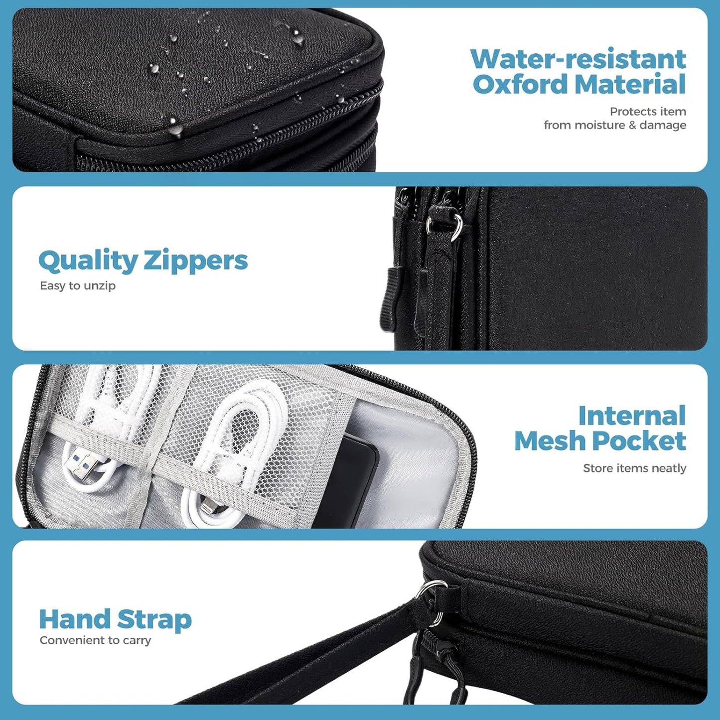 ProCase Electronics Organizer Travel Case, Portable Tech Cable Organizer Bag, Charger Organizer Case Pouch for Travel Accessories, Electronics, Power Bank, Wire -Black