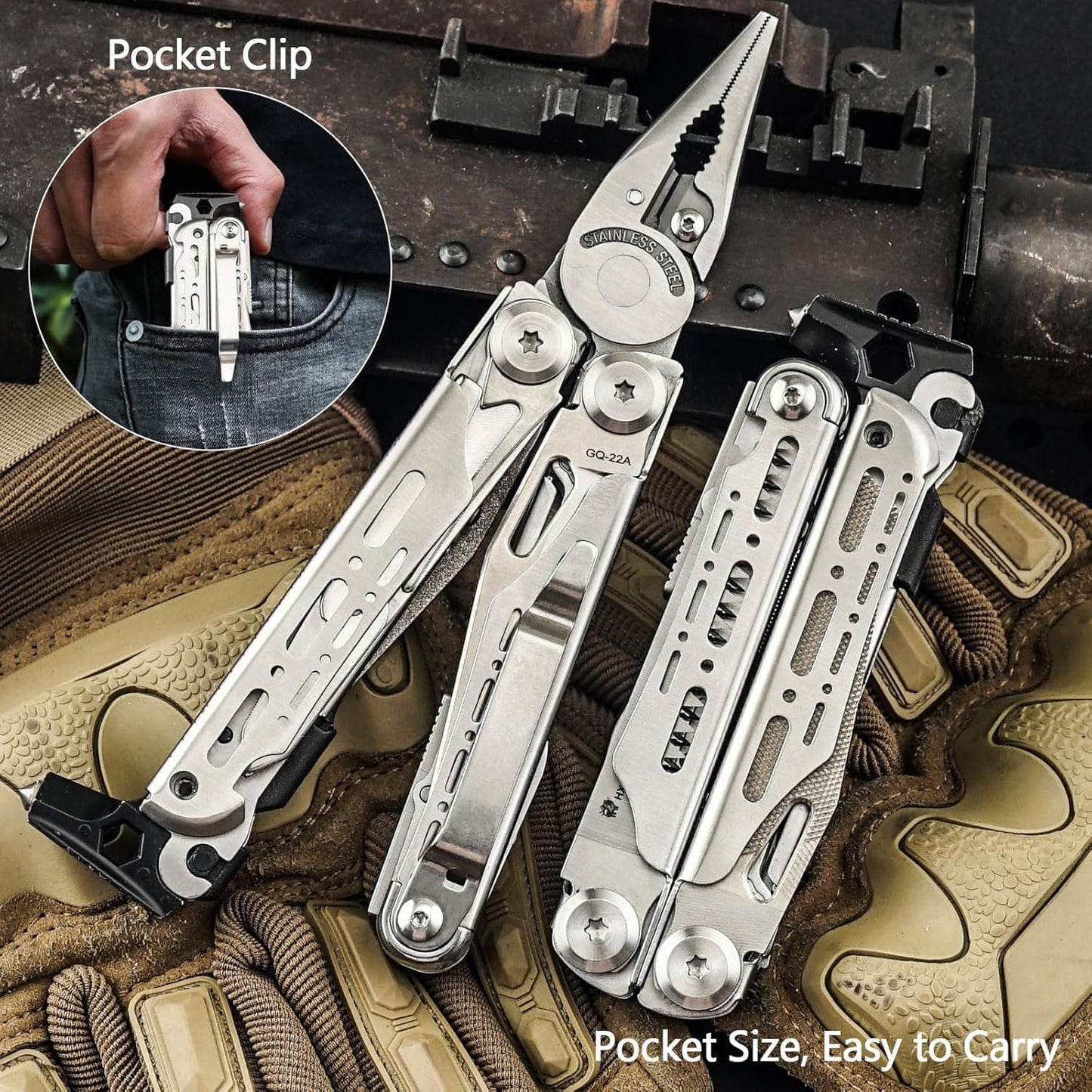 HX OUTDOORS 19 in 1 Multi Tool Pocket Knife Set, Stainless Steel Multitool Pliers with Fire Starter and Glass Breaker, Folding EDC Camping Survival Tools for Men (Silver)