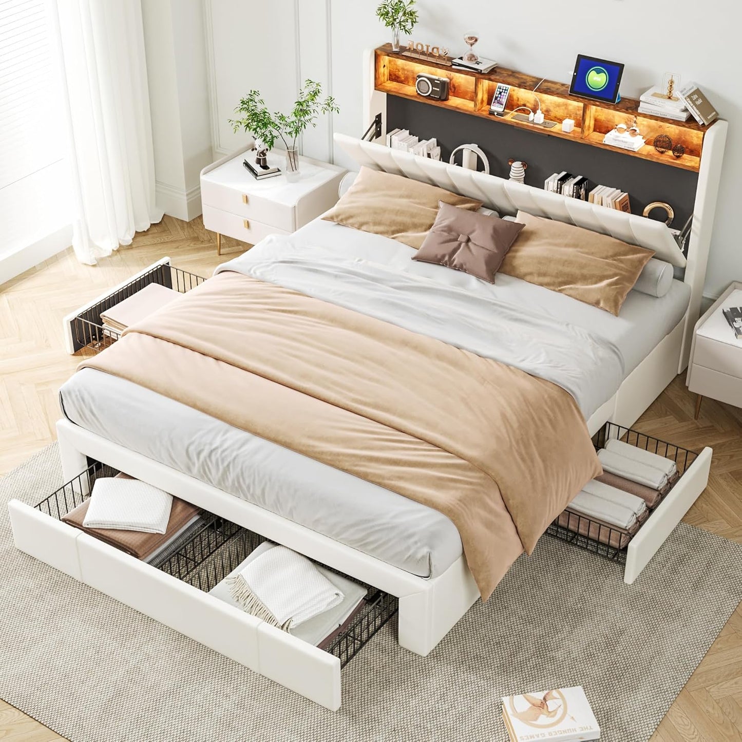 BRILVERDE Upholstered Bed, 160 x 200 cm, Double Bed with 4 Drawers and Slatted Base, LED Headboard with Storage, USB Charging Function, Velvet, Beige (160 x 200 cm)