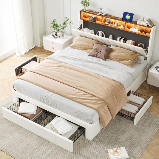 BRILVERDE Upholstered Bed, 160 x 200 cm, Double Bed with 4 Drawers and Slatted Base, LED Headboard with Storage, USB Charging Function, Velvet, Beige (160 x 200 cm)