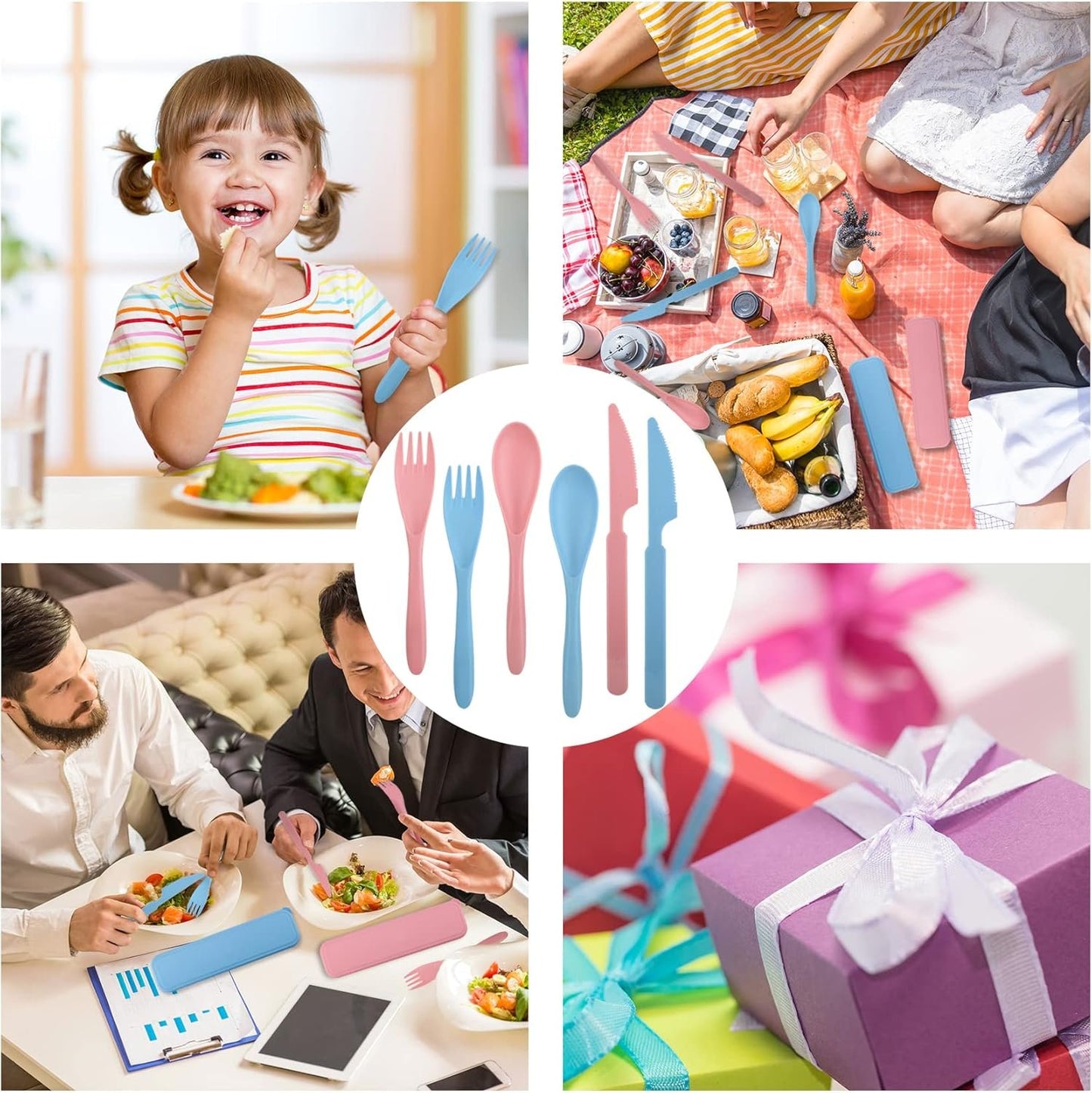 2 Sets Travel Cutlery Set with Case, Reusable Plastic Knife Spoon and Fork Set, Utensils Set for Lunch Box, Portable Camping Flatware Set Service Dinnerware for Picnic School or Daily Use (Blue+Pink)