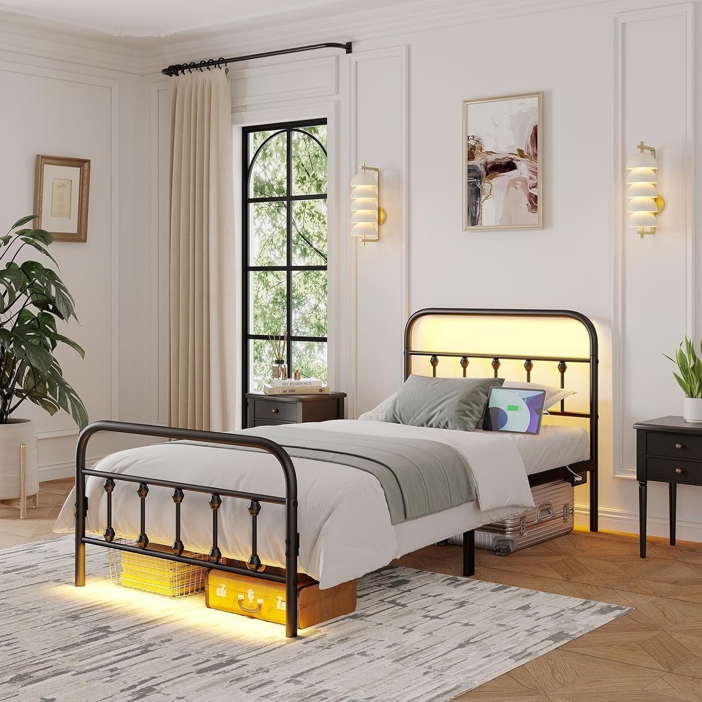 Twin Bed Frame with Charging Station, Metal Platform Bed Frame-Mattress Foundation with LED and Footboard/Under Bed Storage/No Box Spring Needed,Black