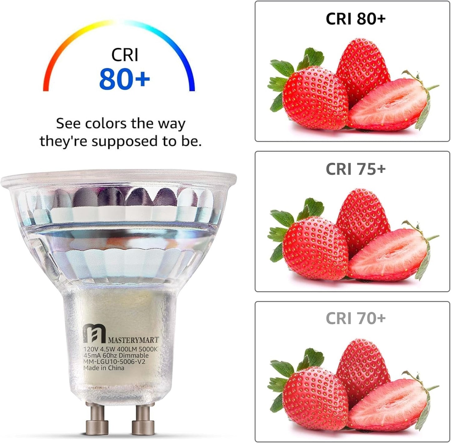 Mastery Mart Dimmable GU10 LED Light Bulbs, 4.5W Bright 5000K Daylight White 50W Halogen Equivalent, 400lm Energy Saver for Track Lighting Fixture, Kitchen, Basement, Living Room, 25000 hrs, 6 Pack