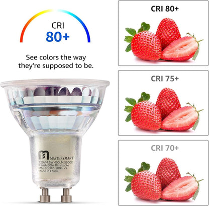 Mastery Mart Dimmable GU10 LED Light Bulbs, 4.5W Bright 5000K Daylight White 50W Halogen Equivalent, 400lm Energy Saver for Track Lighting Fixture, Kitchen, Basement, Living Room, 25000 hrs, 6 Pack
