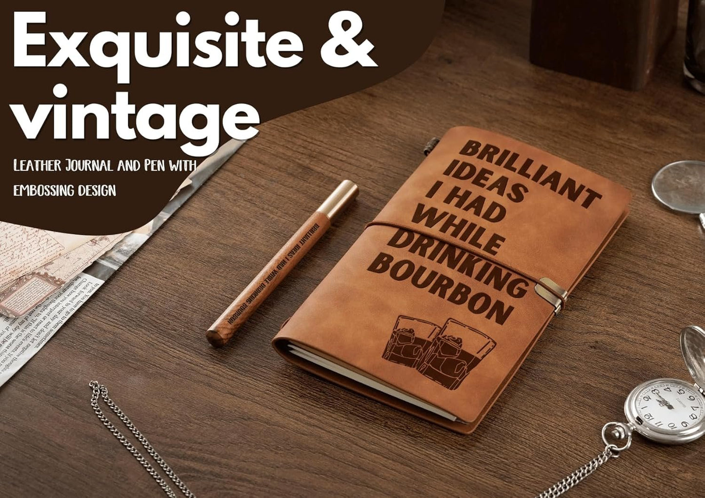 Bourbon gifts Leather Journal Notebook with Pen, for Whiskey Lovers, Men, Women on Birthday, Refillable Sketchbook, Travel Diary, Lined Planner, 7x5 Inches, Brown