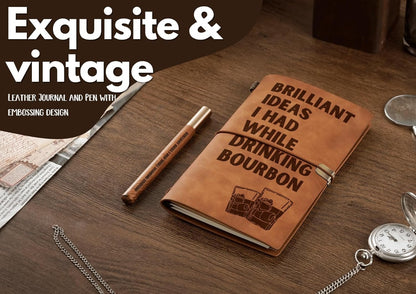 Bourbon gifts Leather Journal Notebook with Pen, for Whiskey Lovers, Men, Women on Birthday, Refillable Sketchbook, Travel Diary, Lined Planner, 7x5 Inches, Brown