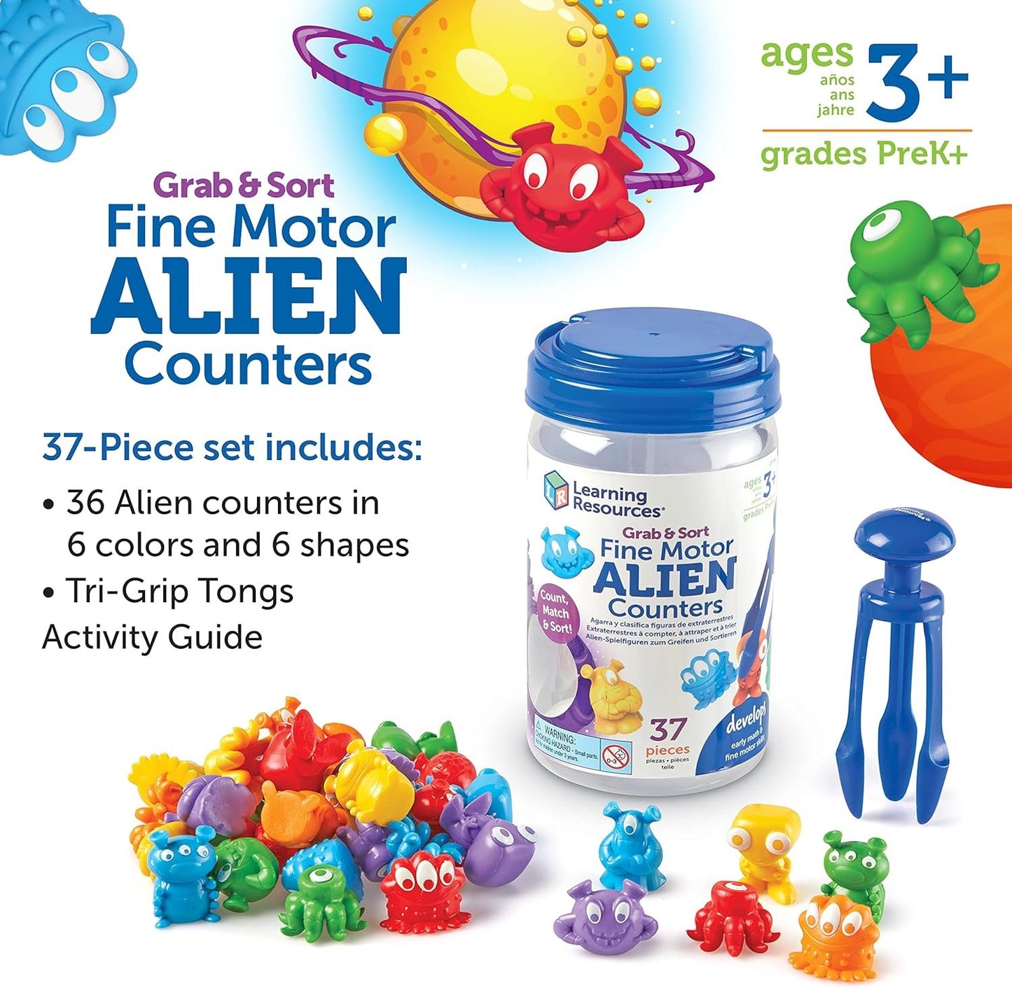 Learning Resources Grab & Sort Fine Motor Alien Counters - 37 Pieces, Ages 3+ Toddler Learning Toys, Math Counters for Kids, STEM Toys for Kids, Preschool Must Haves, Math Manipulatives