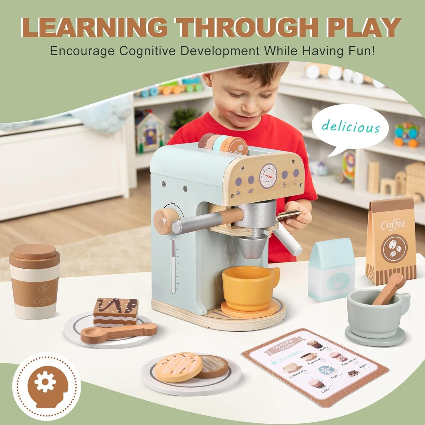Pithfor Kids Wooden Coffee Maker Toy, Wooden Play Kitchen Appliances & Accessories Toy for Kids Toddlers, Gift for Girls Boys