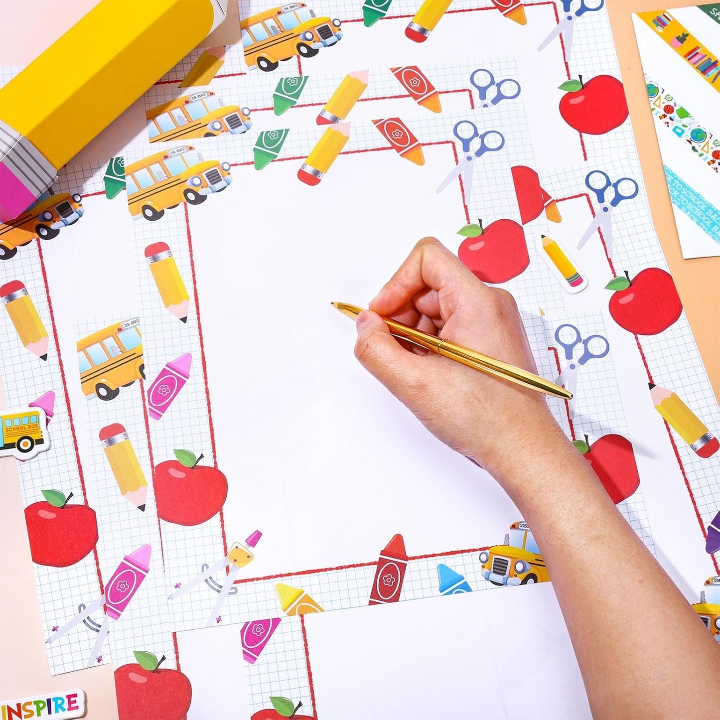 Whaline 120Pcs Back to School Stuff Letterhead Paper Apples Bus Pattern Border Stationery Paper Computer Printing Writing Letters for First Day of School Classroom Supplies, 8.5 x 10.6 Inch