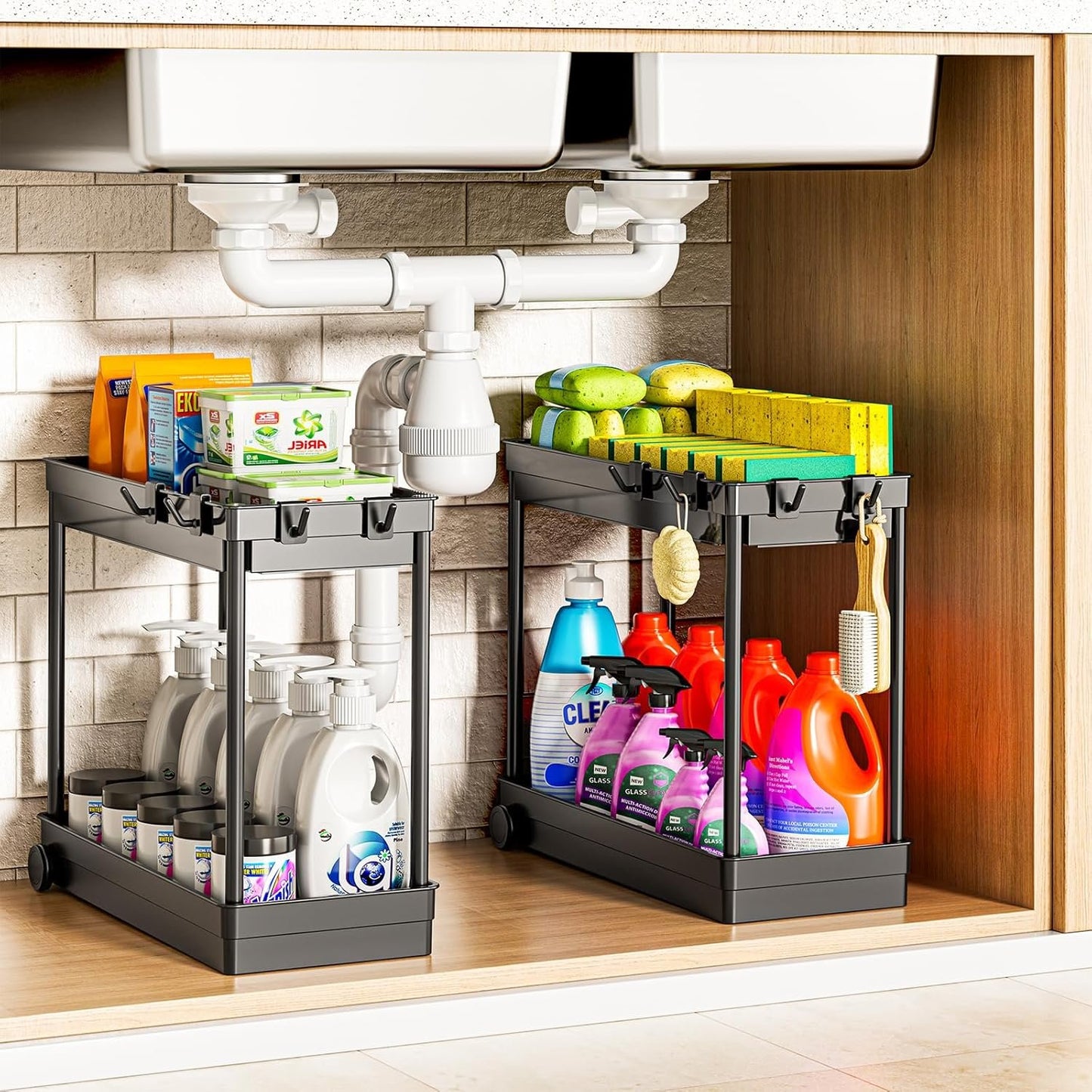 Cicilyna 2 Pack Under Sink Organizer, 2 Tier Bathroom Cabinet Organizers and Storage with Hook, Multi-purpose Storage Basket Shelf for Kitchen, Black