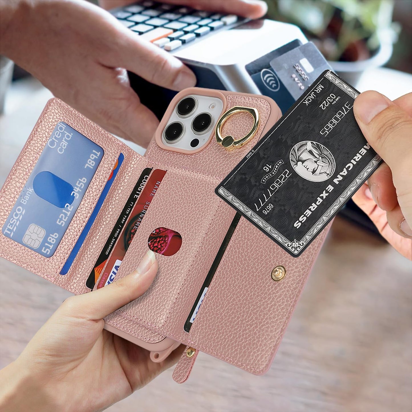 Cavor Crossbody Wallet for iPhone 16 Pro Max Leather Case for iPhone16pro Max Case 6.9'' Flip Cover Card Slots with 360°Rotation Ring Holder Kickstand & Long Shoulder Lanyard Strap-Rose