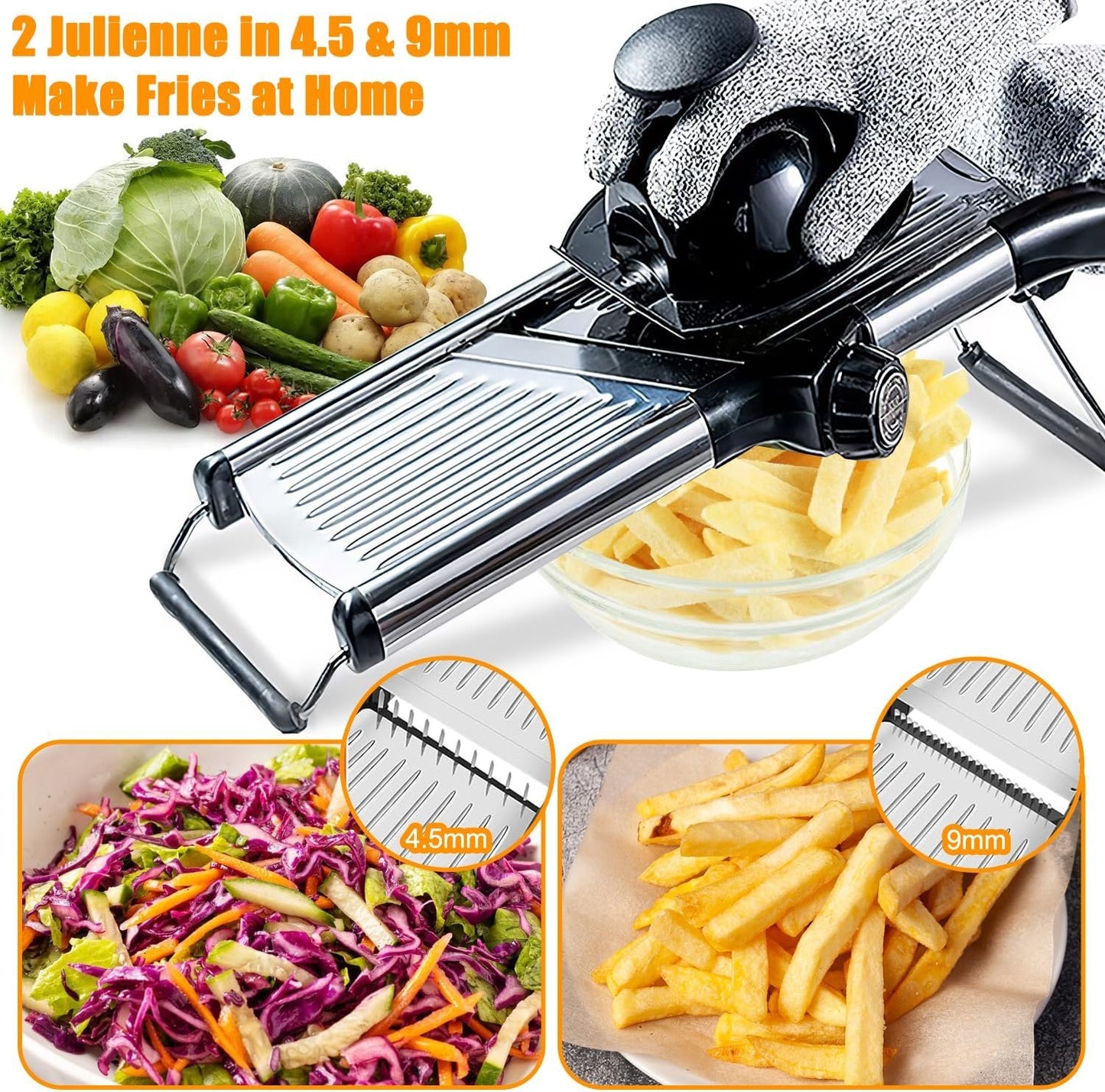 Versatile Adjustable Mandoline Slicer - Kitchen Tool for Easy Food Prep - Stainless Steel Vegetable Slicer for Cheese, Carrots, Potatoes, and More - Includes Blade Guard & Cut Resistant Gloves