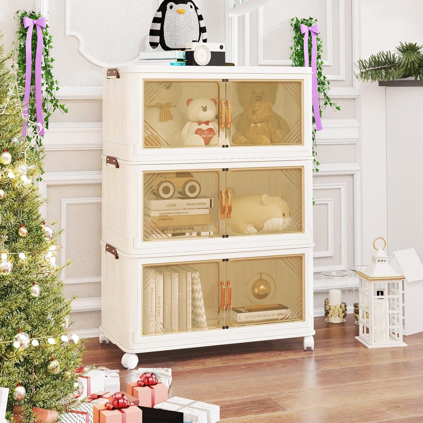 Storage Bins with Lids, 90 Gal/360 Qt Capacity, 3 Pack Large Stackable Storage Bins with Lids, White Collapsible Storage Bins with Wheels, Foldable, Customizable, for Home Office Organization