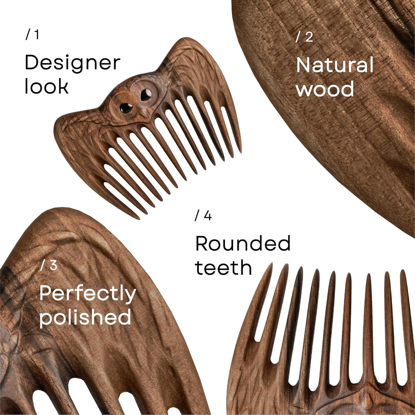 Handmade Wooden Hair Comb for Women Eco-Friendly Natural Wood Detangling Comb Gentle on Hair and Scalp Perfect for Thick Curly or Fine Hair Sustainable Beauty Hair Care Tool (Walnut Owl)