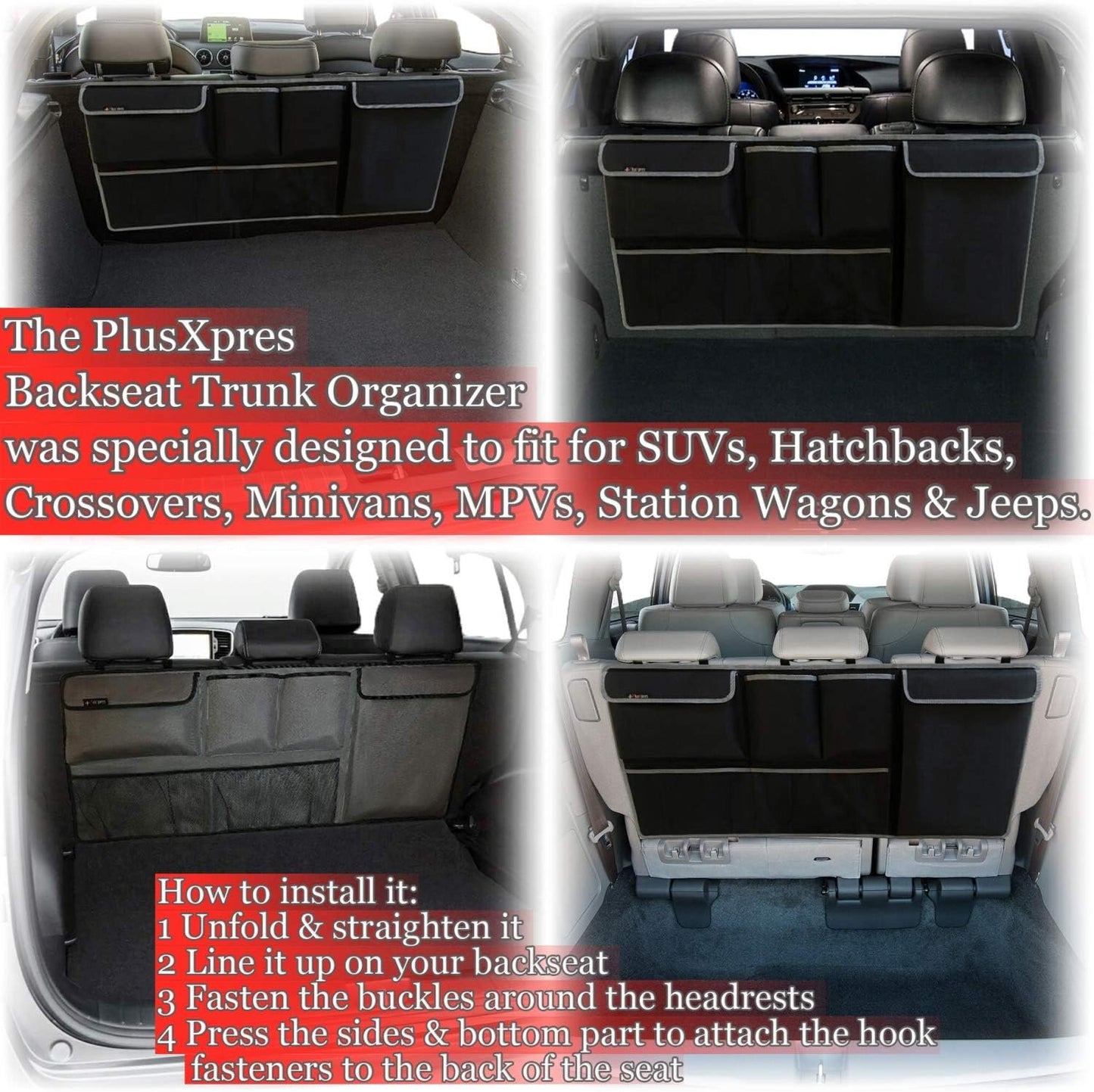 Car Backseat Trunk Organizer - Auto Hanging Seat Back Storage - Multipurpose Cargo Accessory - Space Saving Facilitator for SUV, Hatchback, Crossover, Minivan