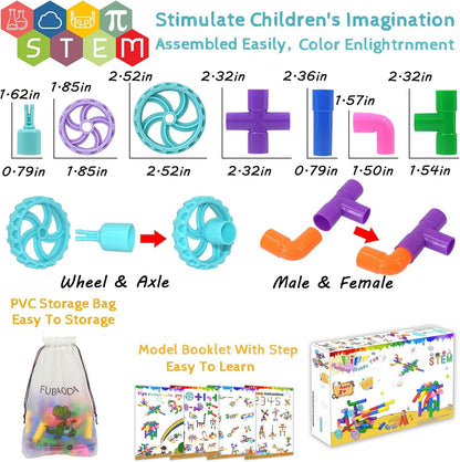 STEM Learning Pipe Tube Toys, Tube Locks Construction Building Blocks 96 Pcs - Multicolor Educational Building Blocks Set with Wheels& Spouts & Joints for Kids Ages 3+ Visit The FUBAODA Store