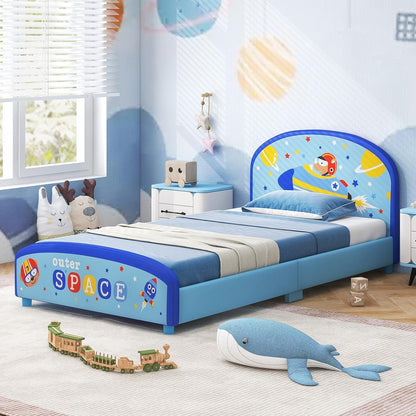 Costzon Twin Bed Frames for Kids, Wood Upholstered Twin Bed Platform with Slat Support, Padded Headboard&Footboard, No Box Spring Needed, Easy Assembly, Fits Standard Twin Mattress (Outer Space)