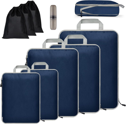 Eucomir Suitcase Organizer Set of 9 Cubes for Travel, Expandable Organizer Bags for Travel or Home Storage, Marine