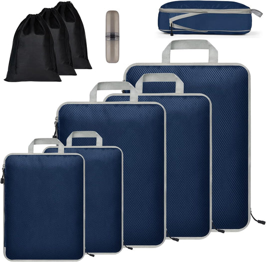 Eucomir Suitcase Organizer Set of 9 Cubes for Travel, Expandable Organizer Bags for Travel or Home Storage, Marine