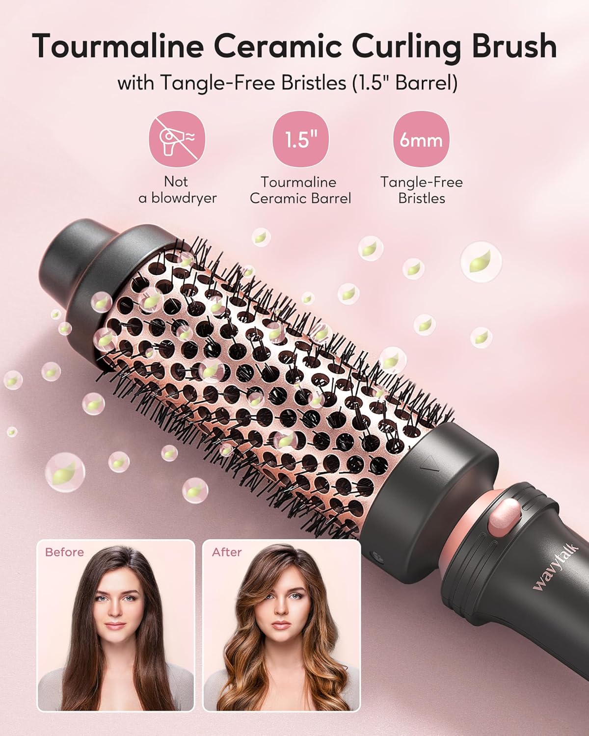 Wavytalk Thermal Brush, 1 1/2 inch Heated Round Brush with Detachable Head, Velvet Pouch and Dual Voltage for Travel, Easy to Create Blowout Look, Rose Gold
