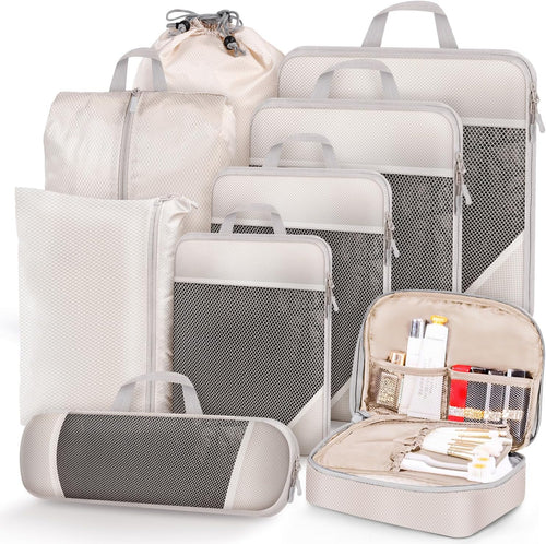 MUUKAIII Luggage Organizer Set of 9 Cubes for Travel, Compression Organizer Suitcase, Space-Saving Suitcase, Travel Organizers, Packing Cubes Set, Travel Organizer for Clothes, Ultralight, Beige