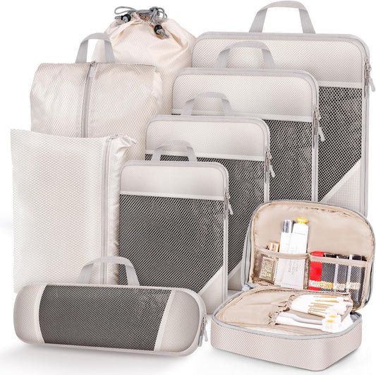 MUUKAIII Luggage Organizer Set of 9 Cubes for Travel, Compression Organizer Suitcase, Space-Saving Suitcase, Travel Organizers, Packing Cubes Set, Travel Organizer for Clothes, Ultralight, Beige