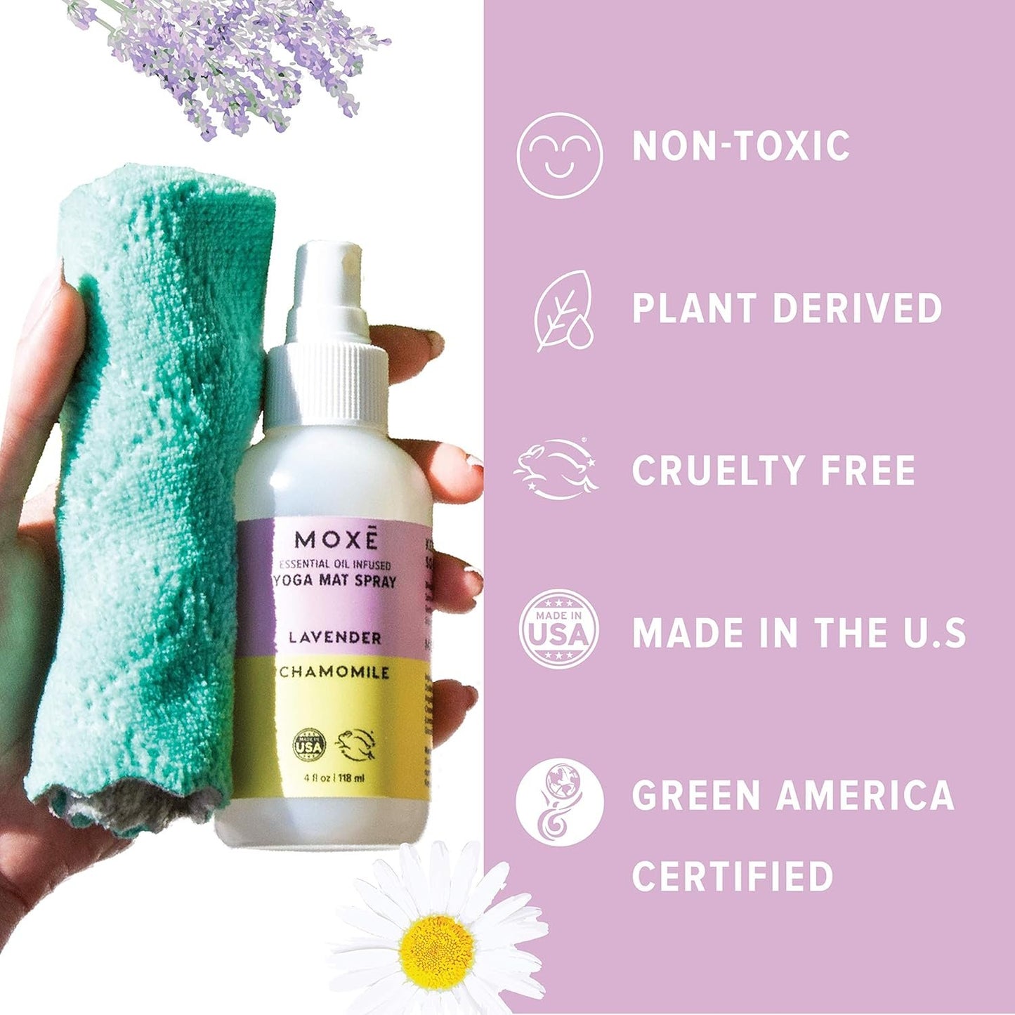 MOXĒ Yoga Mat Cleaner Spray, Lavender & Chamomile Essential Oils, Safe for All Mats & Exercise Equipment, Odor & Sweat Protection, Includes Microfiber Cleaning Towel, Green America Certified, 4 Ounces (2 Pack)