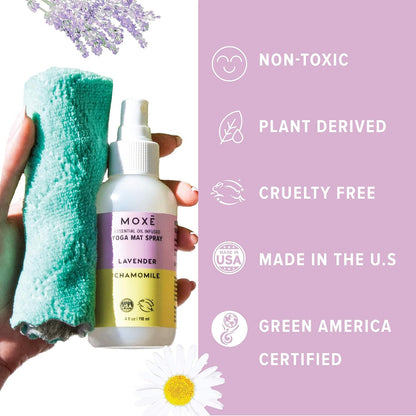 MOXĒ Yoga Mat Cleaner Spray, Lavender & Chamomile Essential Oils, Safe for All Mats & Exercise Equipment, Odor & Sweat Protection, Includes Microfiber Cleaning Towel, Green America Certified, 4 Ounces (2 Pack)