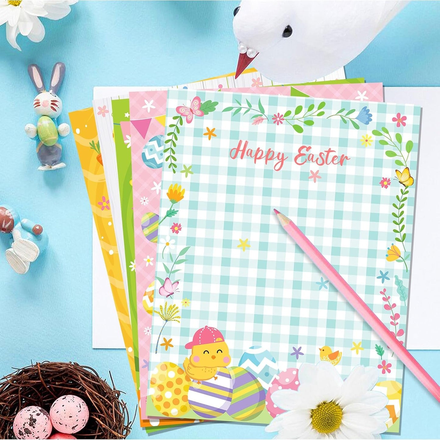 GLKTOPO 60 Sheets Easter Stationery Paper, 8.5" x 11" Double Sided Holiday Letterhead, Multicolor Bunny Egg Pattern Writing Paper for Notes Cards Invitation Scrapbook Crafts to Do List - 6 Design