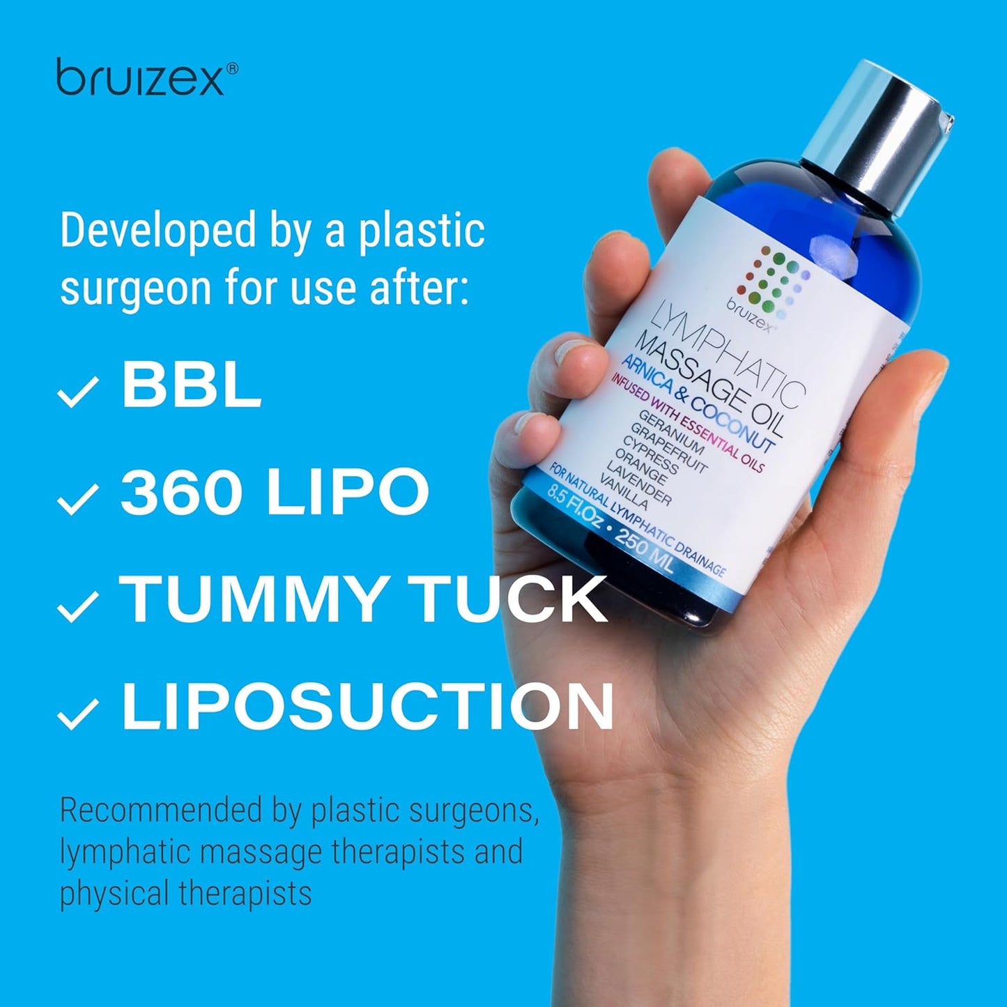 Bruizex Lymphatic Massage Oil: Natural Arnica & Lavender Oil for Post Surgery Recovery, Swelling & Water Retention Relief. Ideal for Liposuction, BBL, Tummy Tuck & More. 8oz by Bruizex