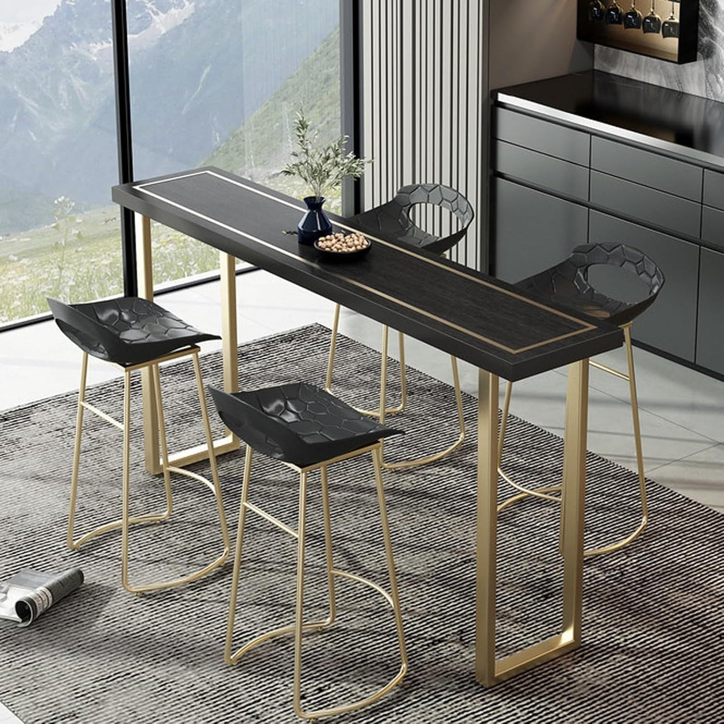Modern Style Solid Wood Bar Table with Rustic Table Top & Metal Base Industrial Counter Height Dining Table for Balcony Patio or Pub Narrow Design for Small Spaces Outdoor Side Table for Ent