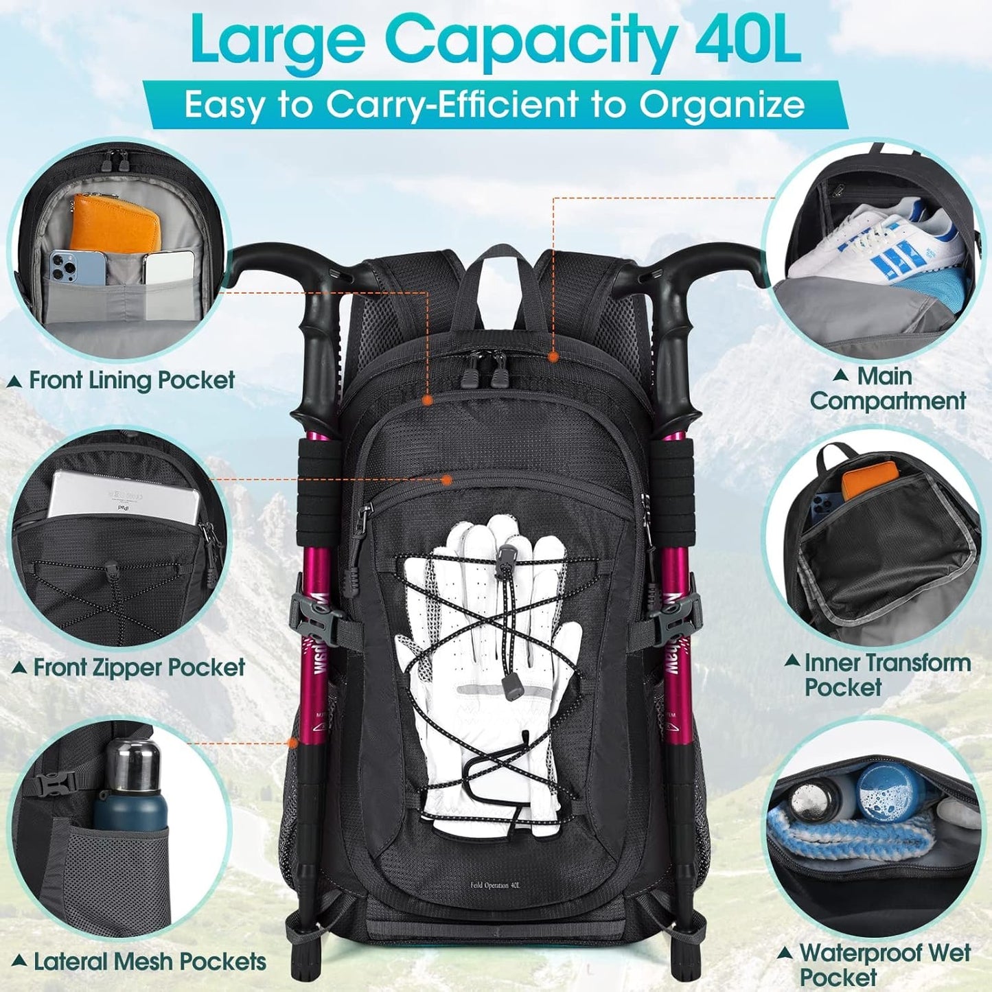 40L Hiking Backpacks, Packable Travel Backpack, Water Resistant Lightweight Foldable Daypack for Outdoor Hiking Climbing