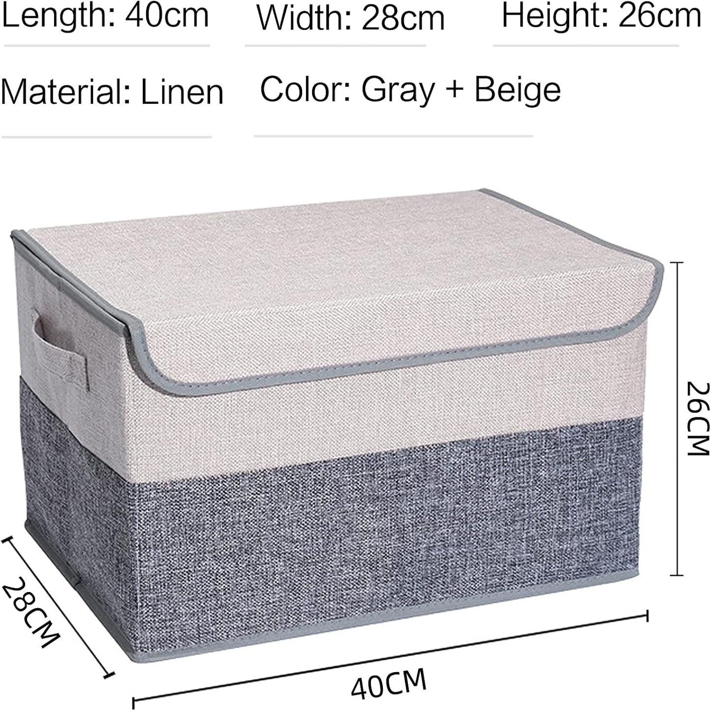 TOJUNE 2 Pack Foldable Storage Box with Lids and Handles, L40 x W28 x H26 cm, Linen Organizers, Clothes Organizers Basket, Capacity 29 L (Grey+ Beige)