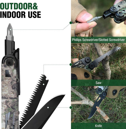 FLISSA 15-in-1 Multitool Pocket Knife with Sheath, Durable Stainless Steel Multi Tool Pliers for Men, Camo All-in-One Tool