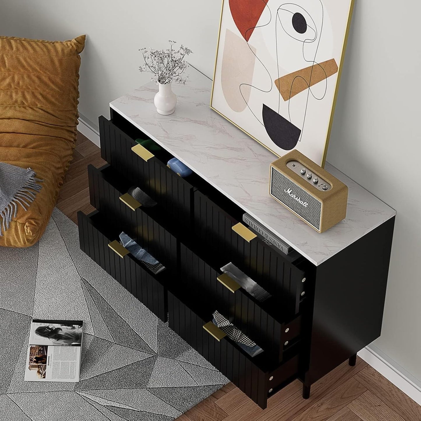 UEV 3 Piece Bedroom Furniture Set with 6 Drawers and Set of 2 Bedside Tables Marble Ceiling Storage Unit for Living Room Bedroom Scandinavian Black (Marble Surface)