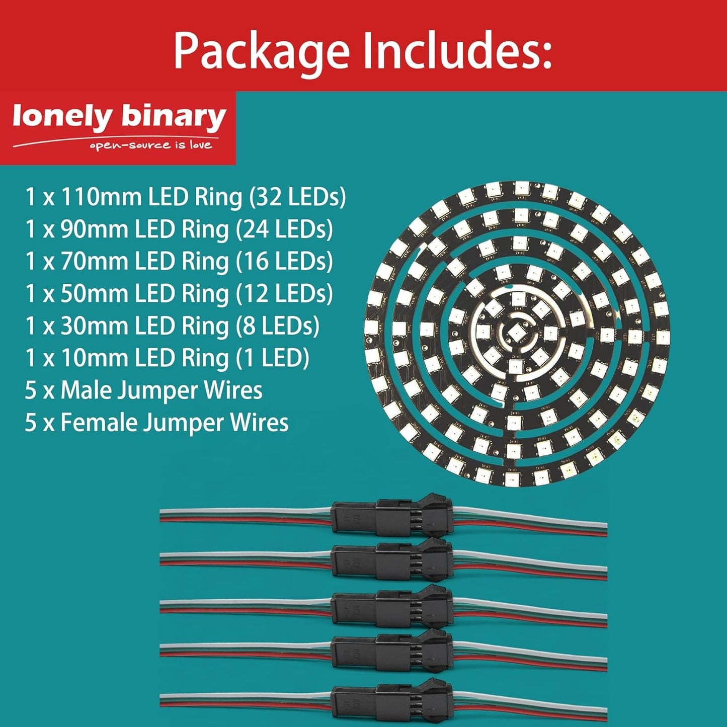 Lonely Binary 6-Pack WS2812B RGB LED Ring Set â€“ 93 Individually Addressable 5050 RGB LEDs, Modular Circular Dream Color Rings (110mmâ€“10mm) DC5V for Arduino, ESP32, Raspberry Pi, LED Art & DIY Projects