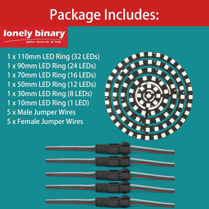 Lonely Binary 6-Pack WS2812B RGB LED Ring Set â€“ 93 Individually Addressable 5050 RGB LEDs, Modular Circular Dream Color Rings (110mmâ€“10mm) DC5V for Arduino, ESP32, Raspberry Pi, LED Art & DIY Projects