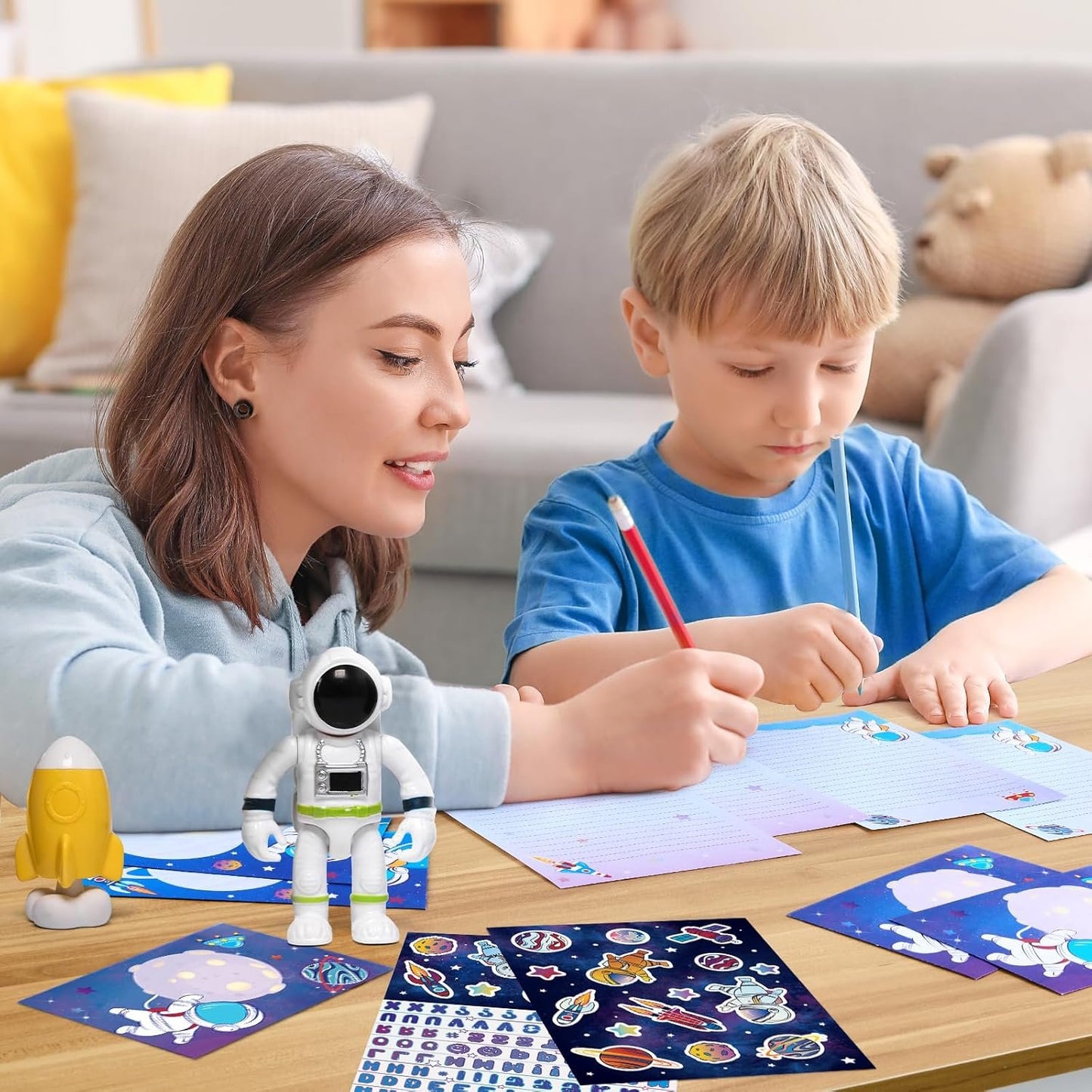 WERNNSAI Kids Stationery Set - 72PCS Boys Stationery Set Teens Universe Letter Writing Kit Aerospace Letter Paper Set Stationery Writing Sheets with Envelopes School Space Gift Set