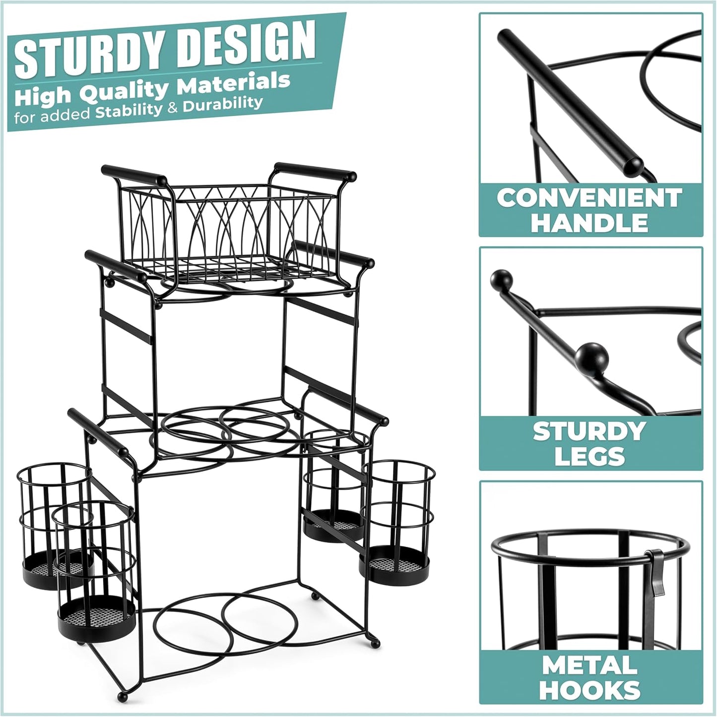 Sorbus Buffet Caddy — 7-Piece Stackable Set Includes Plate, Napkin, and Silverware Holder, 3-Tier Detachable Tabletop Organizer — Ideal for Kitchen, Dining, Entertaining, Parties,Thanksgiving (Black)