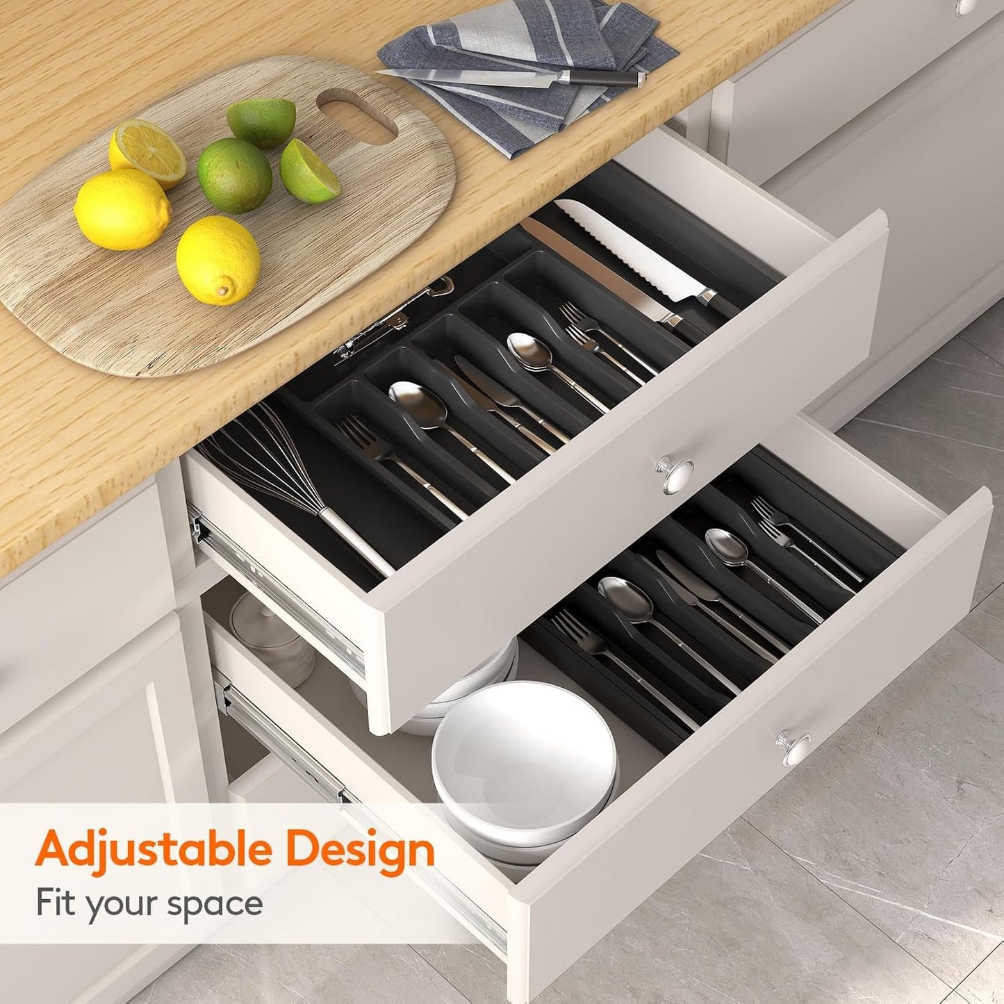 Lifewit Large Cutlery Organizer, Expandable Utensil Drawer Organizer for Kitchen, Utensil Holder, Adjustable Cutlery Tray Drawer Organizer for Spoon Forks Knives, Kitchen Organizers and Storage, Black