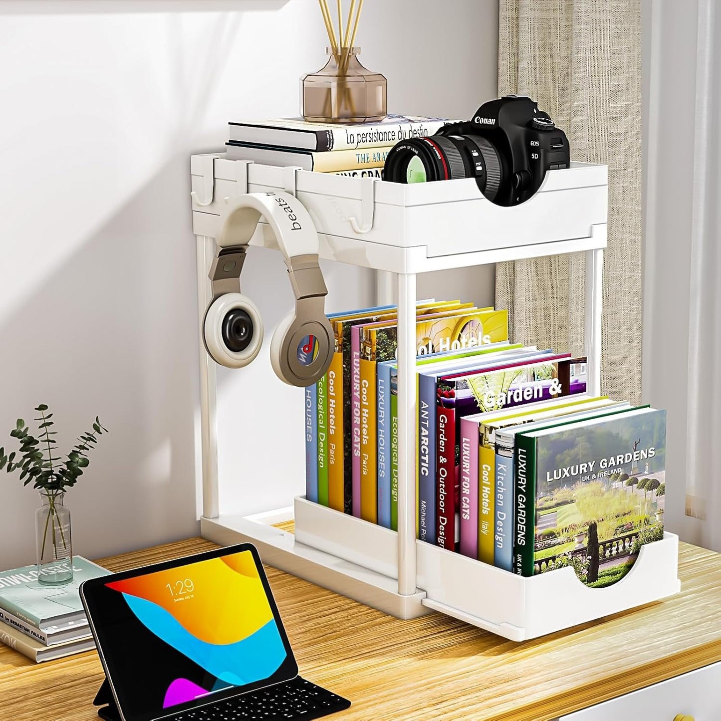 ARSTPEOE 2 Pack Double Sliding Under Sink Organizers and Storage,Two Tier Bathroom Storage and organization,Under Cabinet Organizer with Hooks Hanging Cup,Home Organization,White