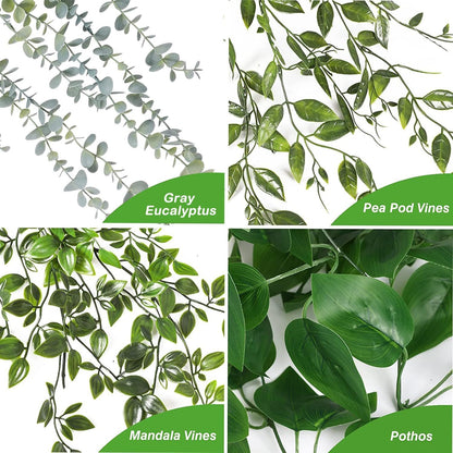 Artificial Hanging Plants 3Pcs Potted Greenery Decor - Grey Eucalyptus Mandala Snow Pea Vine in Pot Plants for Office Farmhouse Home Indoor Outdoor Decor