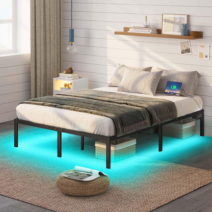Rolanstar Bed Frame with USB Charging Station, Queen Bed Frame with LED Lights, Platform Bed Frame with Heavy Duty Steel Slats, 14" Storage Space Beneath Bed, No Box Spring Needed, Noise Free, Black