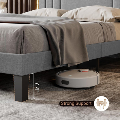 Queen Bed Frame with Headboard Upholstered Platform Bed Frame for Bedroom Wood Slat Support, No Box Spring Needed (Light Grey Linen, Queen)