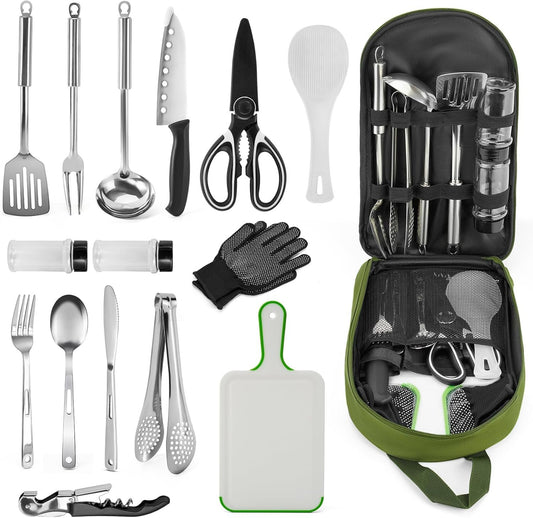 Camping Cooking Utensils Set 16Pcs, Cookware Storage Bag Camping Tool Accessories, Camper Essentials Gear Must Haves Supplies for Travel RV BBQ Grill Picnic Hiking, CT606
