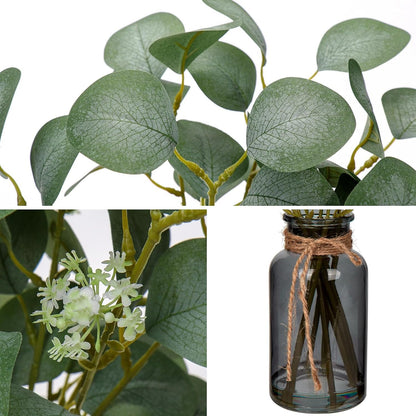 DILATATA Artificial Eucalyptus Stems in Glass Vase with Faux Water, 14" Fake Plant Eucalyptus Leaves for Home Office Farmhouse Wedding Centerpiece Décor