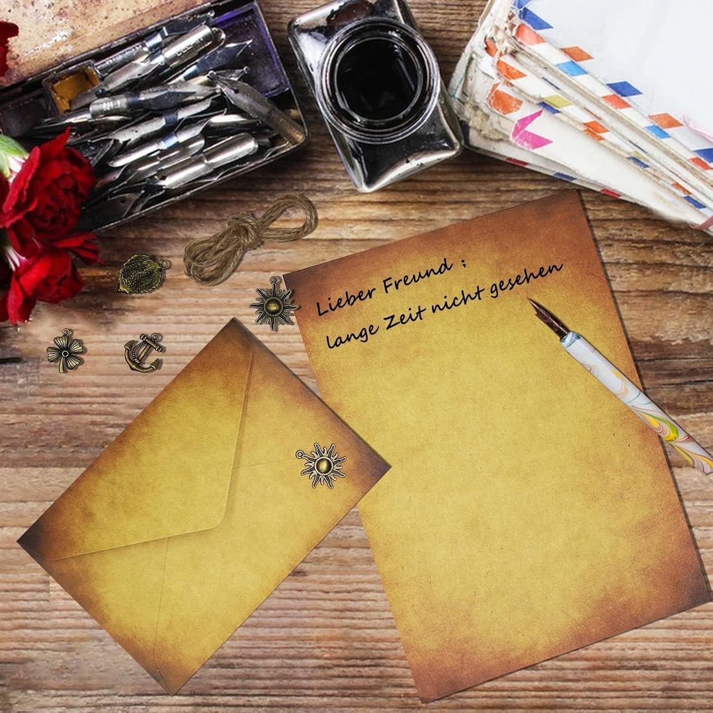 40 PCS Vintage Letter Paper with Envelope Set, Vintage Light Writing Paper Set,Writing Stationery Paper Letter and Envelopes with Antique Paper 8 Kraft Envelopes 8 Retro Keys 8 Hemp Ropes