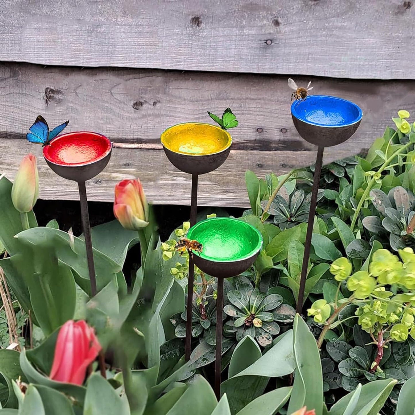 4 Pieces Butterflies Drinking Station | Bee Watering Station Cups | Bee Bath Feeder With Metal Stakes For Outside Feeding & Watering