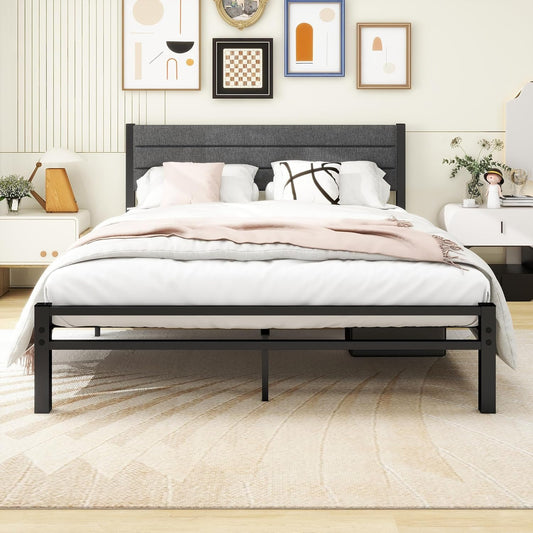 DUMEE Queen Bed Frame, Metal Bed Frame Queen Size with Upholstered Headboard, Heavy Duty Platform Bed Frame No Box Spring Needed &Easy Assembly, Gray Queen Bed