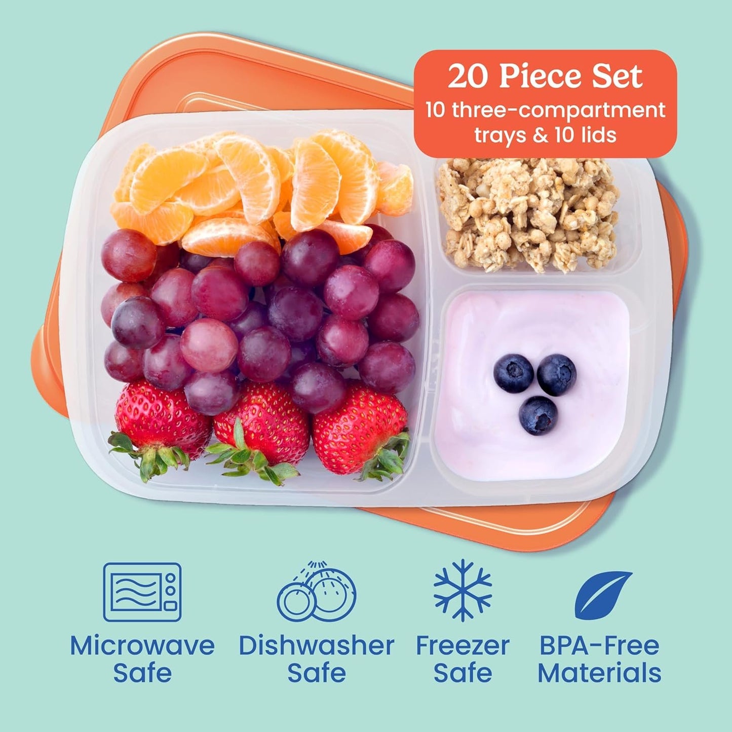 EasyLunchboxesÂ® - Original Stackable Lunch Boxes - Reusable 3-Compartment Food Containers for Kids and Adults - Bento Lunch Box for Meal Prep, School, & Work - BPA Free, Set of 10 (Classic)